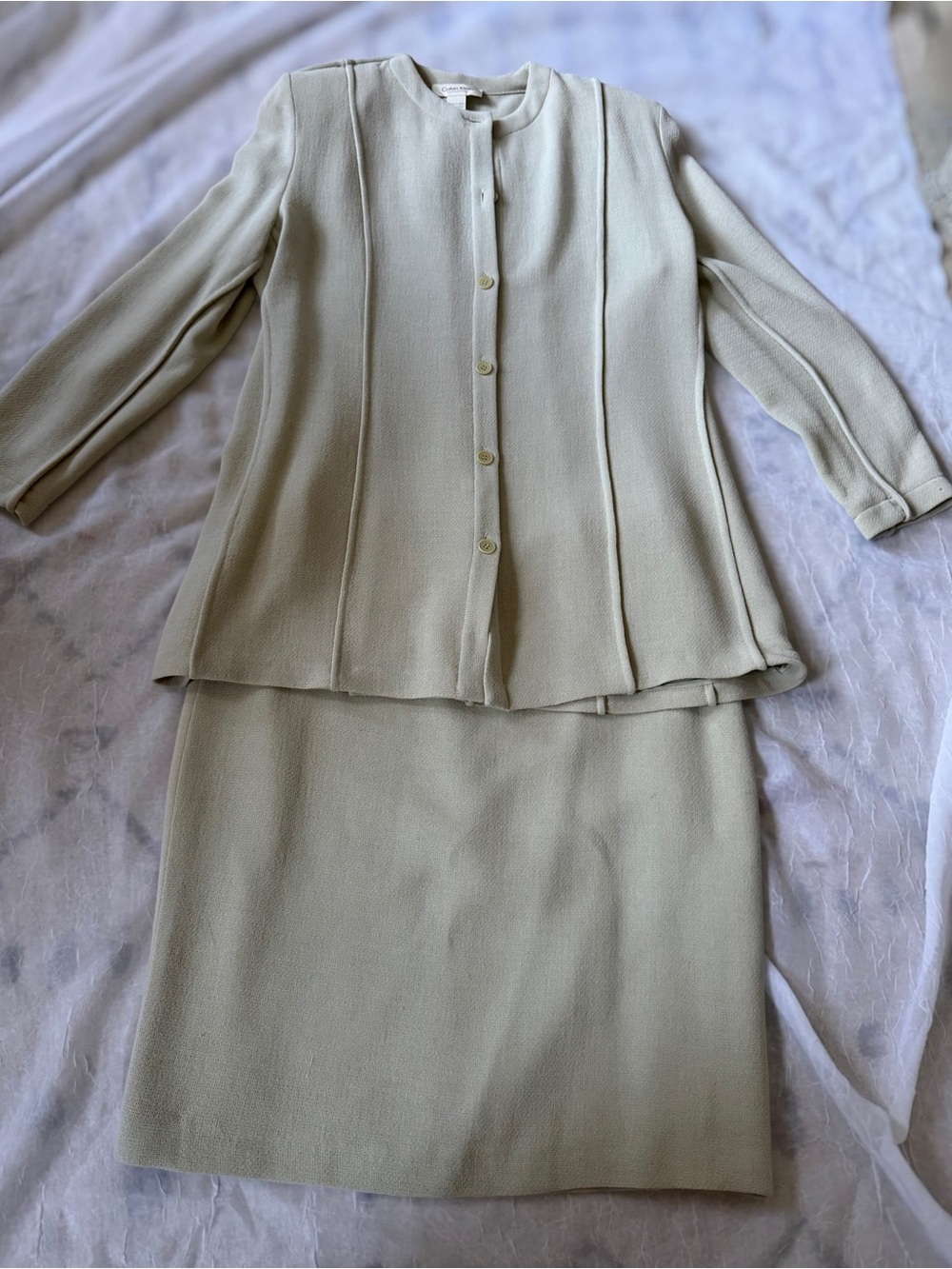 Calvin Klein Pale Sage Two-Piece Lightweight Wool Skirt Suit